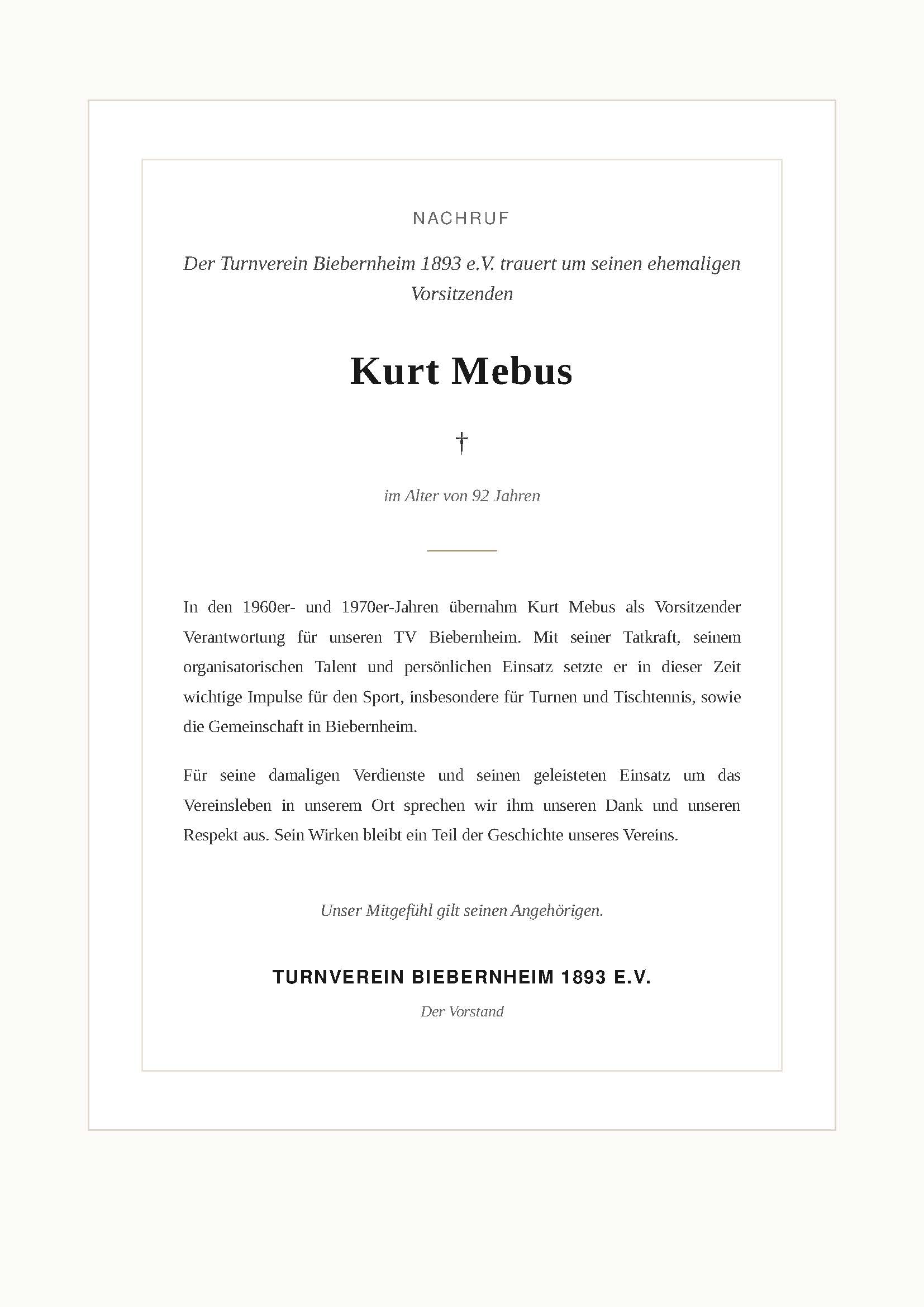 Nachruf Kurt Mebus